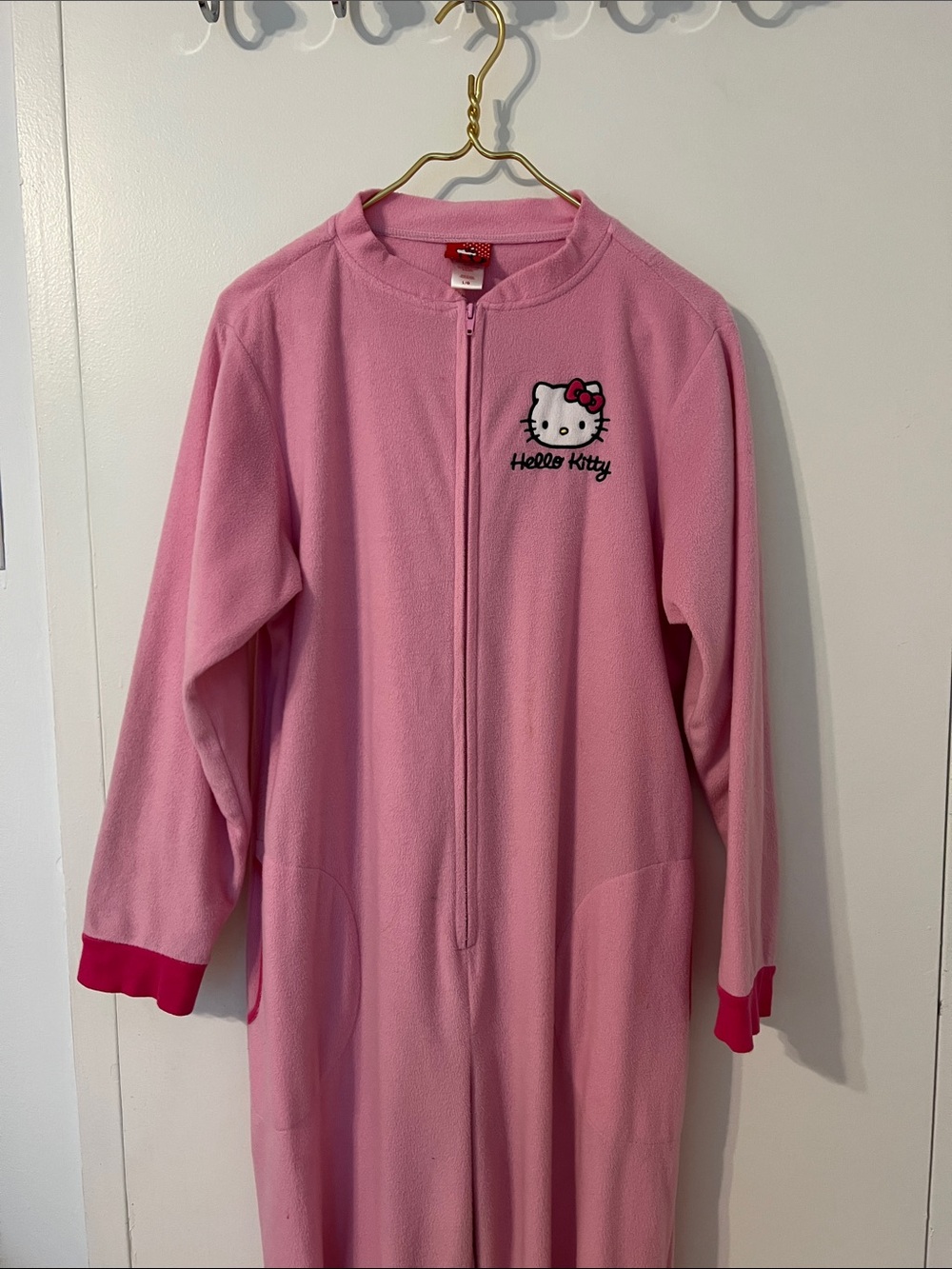 Hello Kitty Light Pink Fleece Zippered Onesie with Dark Pink Cuffs